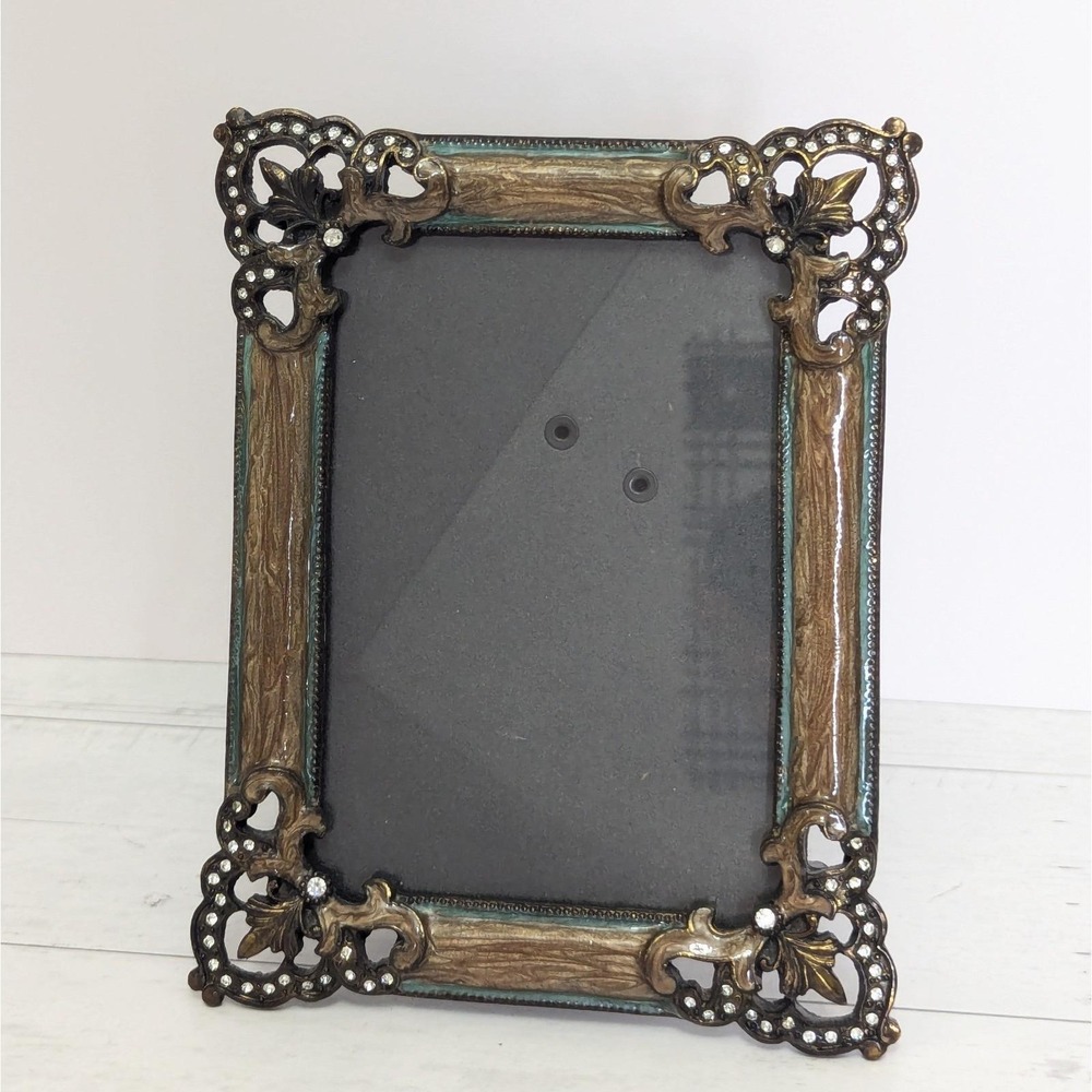 Ornate Baroque Picture Frame Rhinestone Bronze Brown Turq Enamel 3.5x5 Photo